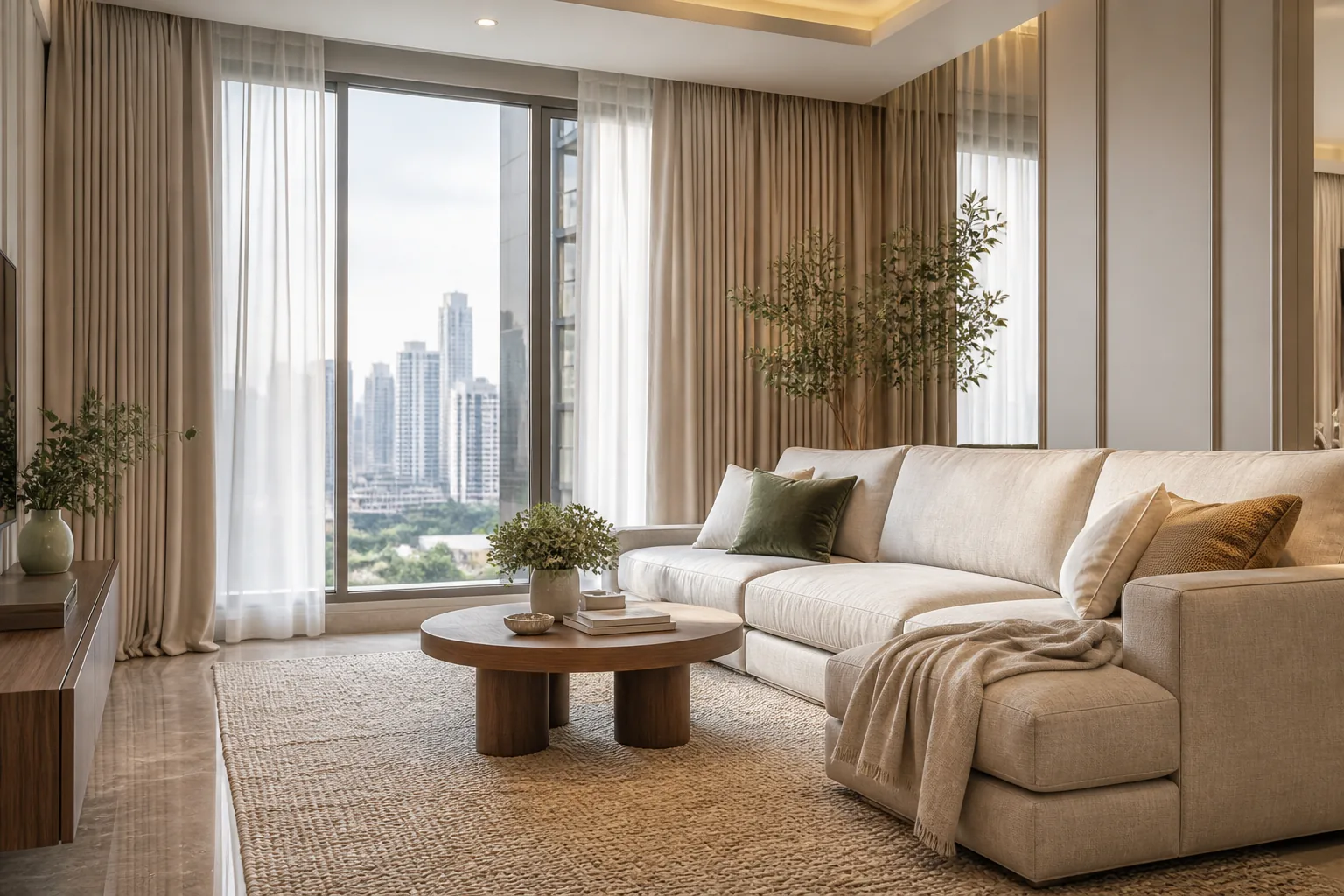 Premium clean living room with fabric sofa, curtains and area rug