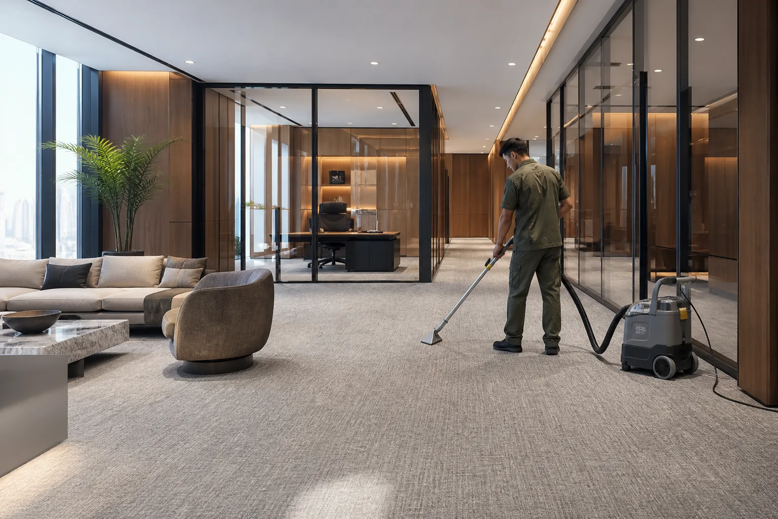 Technician cleaning carpet in a modern commercial interior