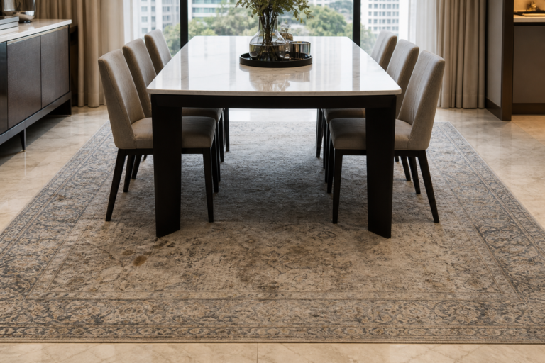 Illustrative dining-room rug before cleaning