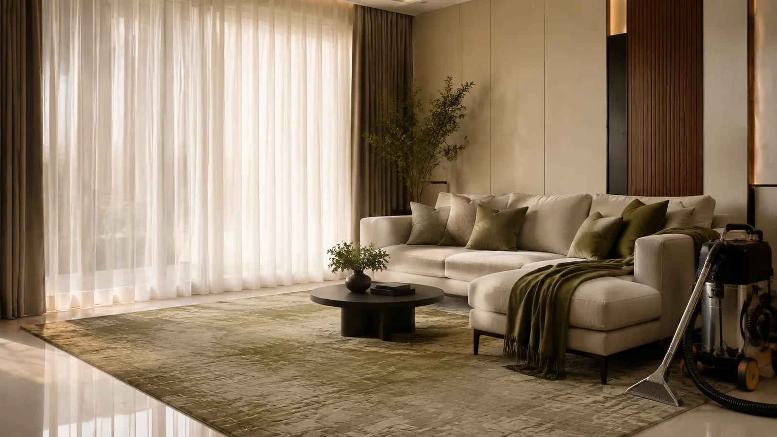 Premium living room with sofa, curtains, rug and professional fabric-cleaning equipment