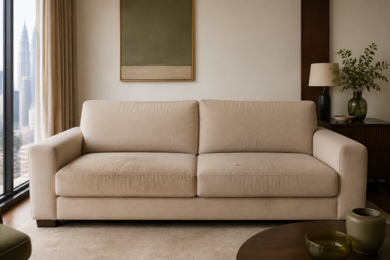 Illustrative beige sofa before cleaning