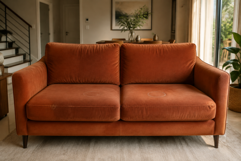 Illustrative velvet sofa before cleaning